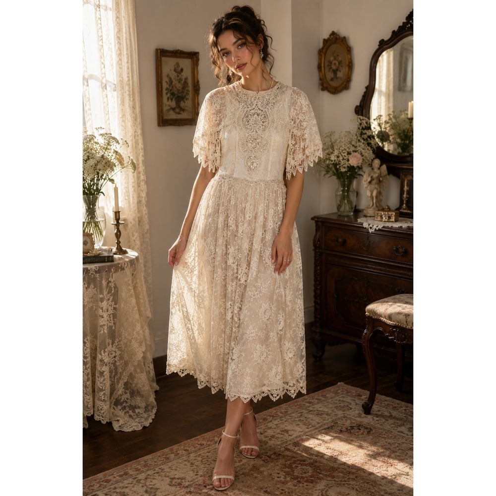 Jessica McClintock Ivory Lace Beaded Dress Romantic Cottagecore Wedding Prairie